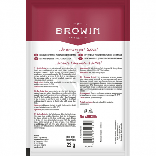 BROWIN Restart 22 g - drożdże winiarskie do wznowienia fermentacji