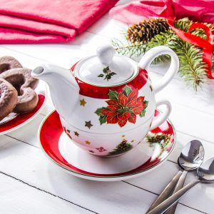 Dzbanek do herbaty i kawy porcelanowy z zaparzaczem i filiżanką MERRY CHRISTMAS