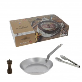 DE BUYER Mineral B 26 cm - patelnia ze stali węglowej z młynkiem do pieprzu i szczypcami