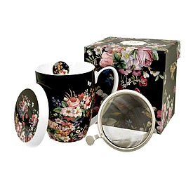 Kubek porcelanowy z zaparzaczem i pokrywką DUO ART GALLERY VINTAGE FLOWERS BLACK CZARNY 380 ml