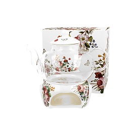 Dzbanek do herbaty i kawy porcelanowy z podgrzewaczem DUO VINTAGE FLOWERS WHITE BIAŁY 1 l