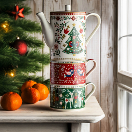 Dzbanek do herbaty i kawy z filiżankami porcelanowy EASY LIFE CHRISTMAS FOLK 0,5 l 3 el.