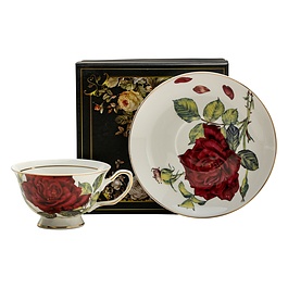 Filiżanka do kawy i herbaty porcelanowa ze spodkiem CZERWONA RÓŻA BIAŁA 200 ml