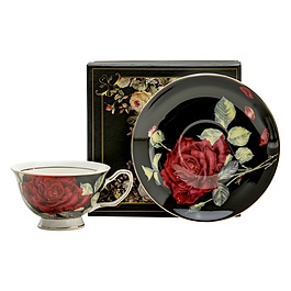 Filiżanka do kawy i herbaty porcelanowa ze spodkiem CZERWONA RÓŻA CZARNA 200 ml