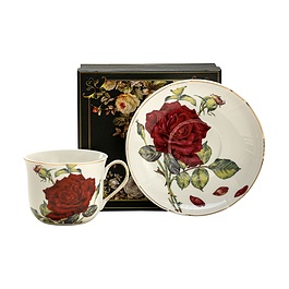 Filiżanka do kawy i herbaty porcelanowa ze spodkiem DUŻA CZERWONA RÓŻA BIAŁA 420 ml