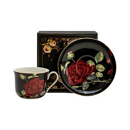 Filiżanka do kawy i herbaty porcelanowa ze spodkiem DUŻA CZERWONA RÓŻA CZARNA 420 ml
