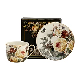 Filiżanka do kawy i herbaty porcelanowa ze spodkiem DUŻA KREMOWA RÓŻA BIAŁA 420 ml