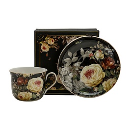 Filiżanka do kawy i herbaty porcelanowa ze spodkiem DUŻA KREMOWA RÓŻA CZARNA 420 ml