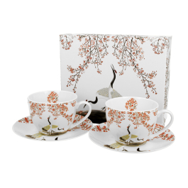 Filiżanki do kawy i herbaty porcelanowe ze spodkami DUO ART GALLERY SAKURA I ŻURAWIE 280 ml 2 szt.
