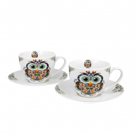 Filiżanki do kawy i herbaty porcelanowe ze spodkami DUO ETNO OWL KREMOWE 280 ml 2 szt.