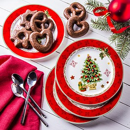 Komplet talerzy deserowych porcelanowych MERRY CHRISTMAS CZERWONE na 4 osoby (4 el.)