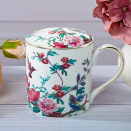 Kubek porcelanowy z zaparzaczem i pokrywką BIAŁY 360 ml