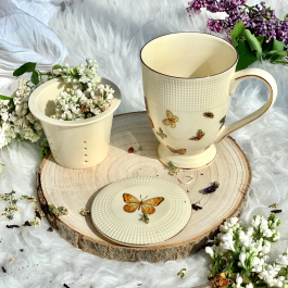 Kubek porcelanowy z zaparzaczem i pokrywką DUO ECRU MOTYLKI 400 ml