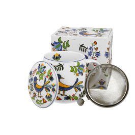 Kubek porcelanowy z zaparzaczem i pokrywką DUO ETNO PTASZEK KASZUBSKI 430 ml