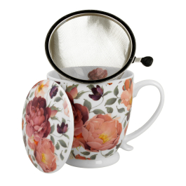 Kubek porcelanowy z zaparzaczem i pokrywką DUO THE SECRET GARDEN SPRING ROSES WHITE 510 ml