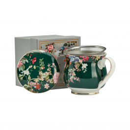 Kubek porcelanowy z zaparzaczem i pokrywką WIOSENNE KWIATY II CIEMNOZIELONY 480 ml