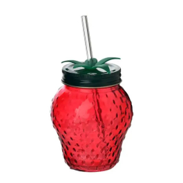Kubek szklany ze szklaną słomką MODERN KITCHEN TRUSKAWKA 450 ml