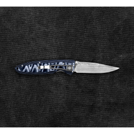 MCUSTA Classic Wave Blue Micarta Damascus 8,5 cm - japoński nóż survivalowy składany ze stali damasceńskiej