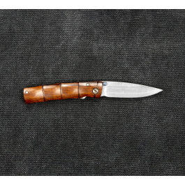 MCUSTA Shinra Emotion Iron wood Damascus 6,5 cm - japoński nóż survivalowy składany ze stali damasceńskiej