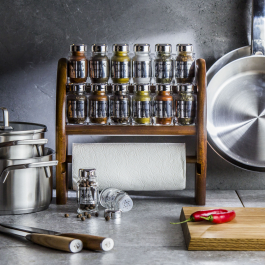 Półka na przyprawy z 12 pojemnikami drewniana KRYSTYNKA WITH SPICES MAHOŃ II