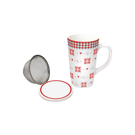 TOGNANA Olimpia Vichy Red 470 ml - Kubek świąteczny z zaparzaczem i pokrywką porcelanowy