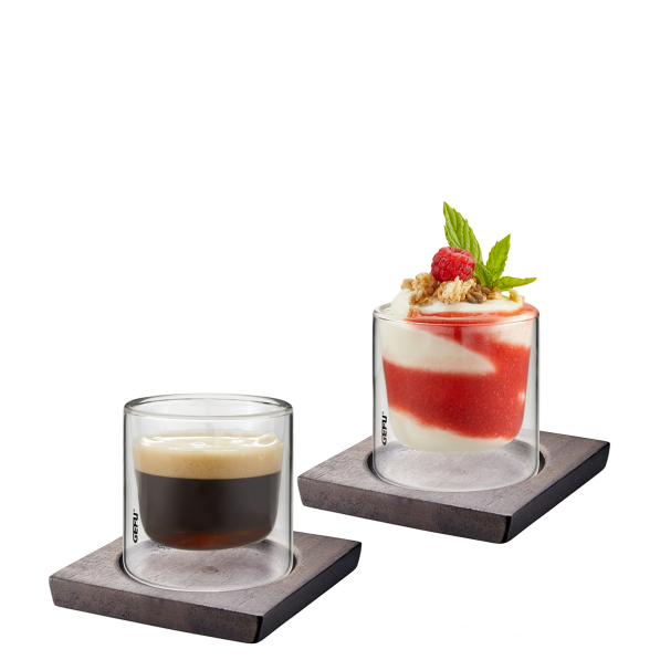 GEFU Mira 80 ml 2 szt. - szklanki espresso termiczne z podwójnymi ściankami z podstawkami