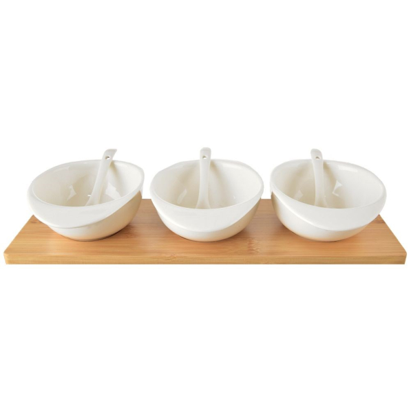 Miseczki do dipów i na przekąski porcelanowe z łyżeczkami na podstawce 3 szt.