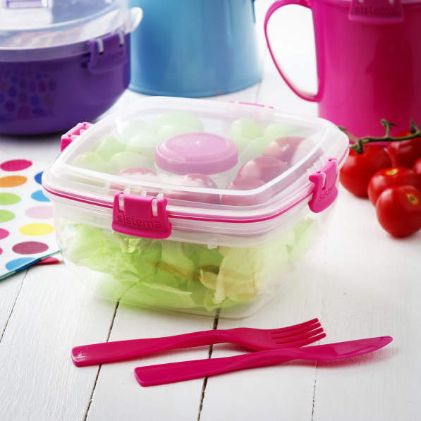 SISTEMA To Go Salad 1,1 l różowy - lunch box / śniadaniówka plastikowa ze sztućcami