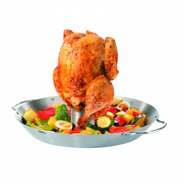 GEFU BBQ 31 cm - blacha do pieczenia warzyw i kurczaka stalowa ze stojakiem