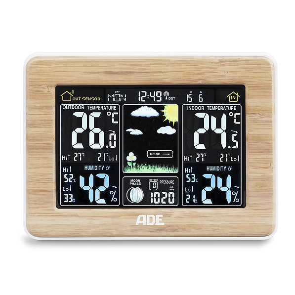 ADE Bamboo 16,5 x 12 cm brązowa - stacja pogodowa elektroniczna plastikowa z czujnikiem zewnętrznym