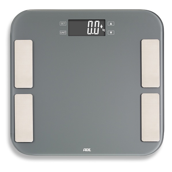 ADE Malou 33 x 33 cm szara - waga łazienkowa elektroniczna szklana z pomiarem tkanki tłuszczowej