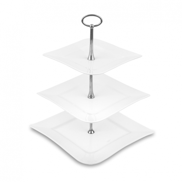 AMBITION Fala biała 34 cm - patera stała na ciasto trójpoziomowa porcelanowa