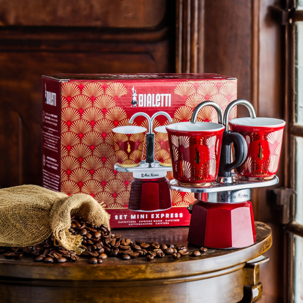 BIALETTI Mini Express Deco Glamour na 2 filiżanki espresso (2 tz) czerwona - kawiarka aluminiowa ciśnieniowa z 2 filiżankami