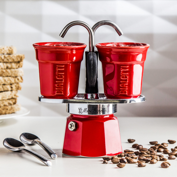 BIALETTI Mini Express na 2 filiżanki espresso (2tz) czerwona - kawiarka aluminiowa ciśnieniowa z 2 filiżankami
