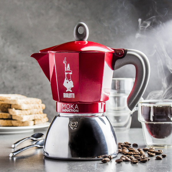 BIALETTI New Moka Induction na 6 filiżanek espresso (6 tz) czerwona - kawiarka aluminiowa ciśnieniowa 