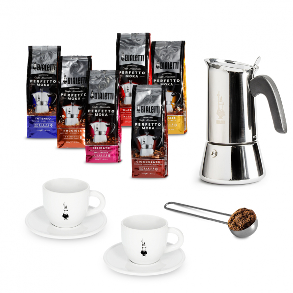 BIALETTI Venus na 6 filiżanek espresso (6 tz) - kawiarka ze stali nierdzewnej ciśnieniowa z filiżankami oraz miarką i kawami