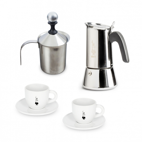 BIALETTI Venus na 6 filiżanek espresso (6 tz) II - kawiarka ze stali nierdzewnej ciśnieniowa z filiżankami i spieniaczem