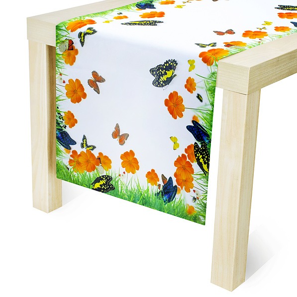 Bieżnik na stół plamoodporny poliestrowy JEDEKA MILANO BUTTERFLY BIAŁY 40 x 140 cm