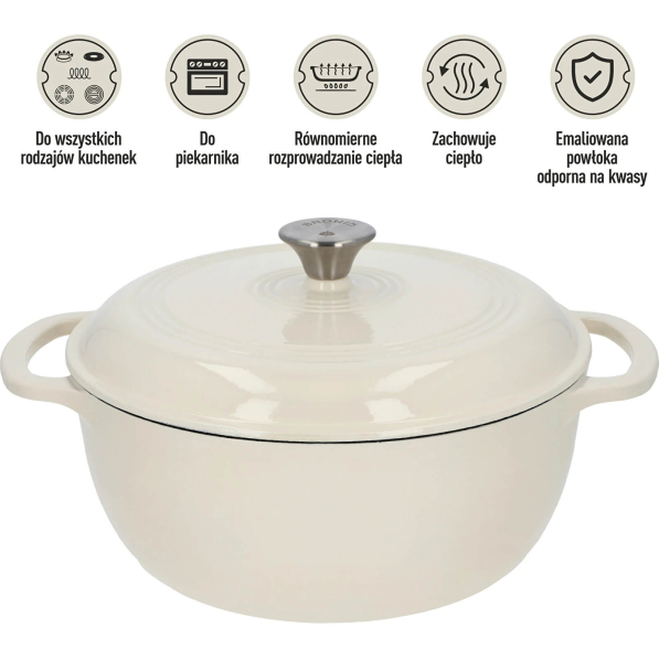 BROWIN Ecru 5,8 l - garnek żeliwny emaliowany