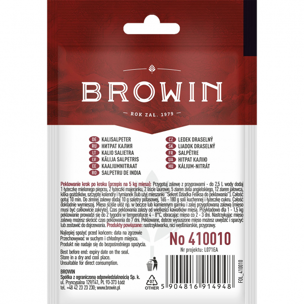 BROWIN Saltpetre 20 g - saletra potasowa do peklowania mięsa