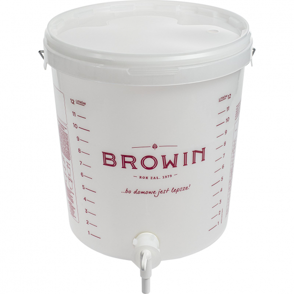 BROWIN Wine Overprint 15 l biały - pojemnik fermentacyjny z pokrywką i kranem