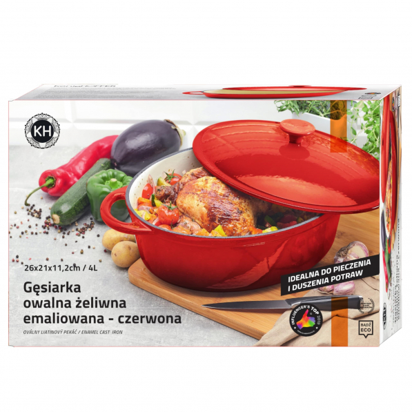 Brytfanna żeliwna z pokrywką KONIGHOFFER OVAL CZERWONA 4 l