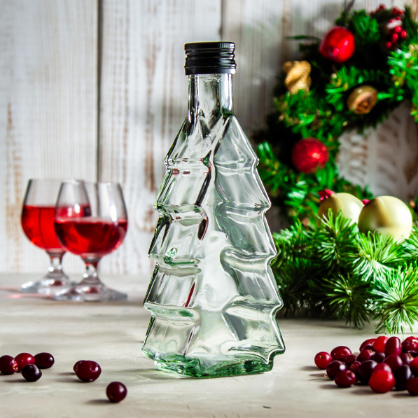 Butelka na nalewkę i sok choinka szklana z nakrętką 0,25 l 12 szt.