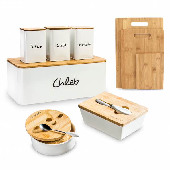 Chlebak metalowy z pojemnikami, deskami, maselnicą i cukiernicą KONIGHOFFER BAMBOO