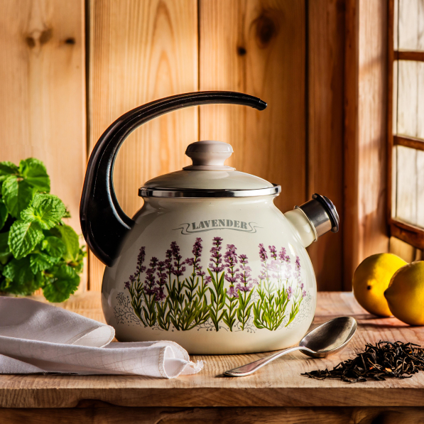 Czajnik emaliowany z gwizdkiem LAWENDA KREMOWY 2,5 l
