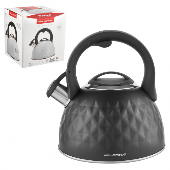 Czajnik ze stali nierdzewnej z gwizdkiem FLORINA DIAMANTE CZARNY 2,5 l