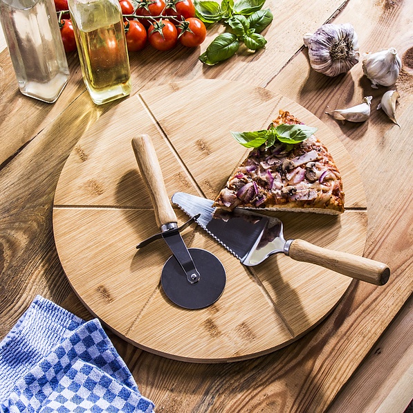 Deska do pizzy drewniana z łopatką i nożem SALAME 33 cm 