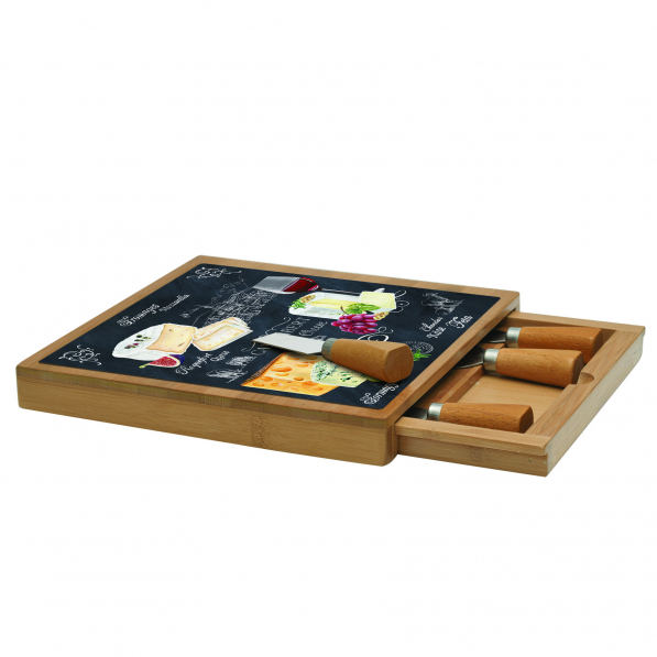 Deska do serwowania serów i przekąsek bambusowa z akcesoriami WORLD OF CHEESE 25,5 x 25,5 cm