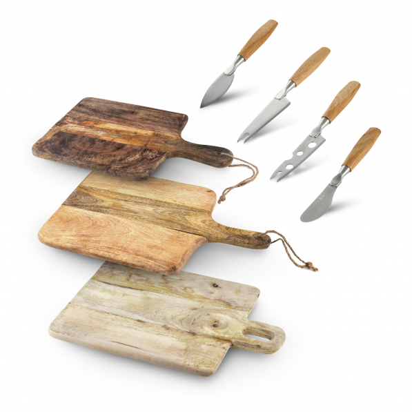 Deski do serwowania serów i przekąsek drewniane COOKINI LOGAN 7 el. z nożami do serów BOSKA