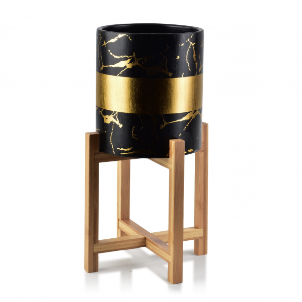 Doniczka / Osłonka na kwiaty ceramiczna na stojaku MONDEX AVA GOLD AND BLACK MARMUR 18 cm